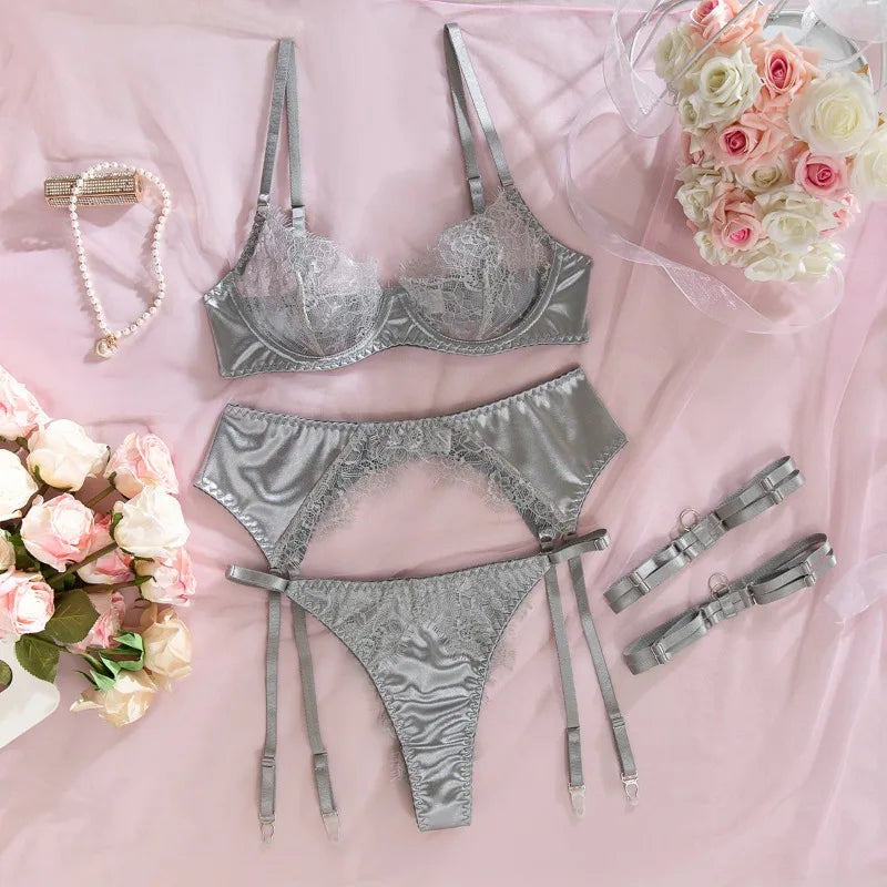 French Eyelash Lace Women's Lingerie Sets See Through Mesh Satin Splicing Matching Set Hot Bra and Panty Garter Sexy Underwear