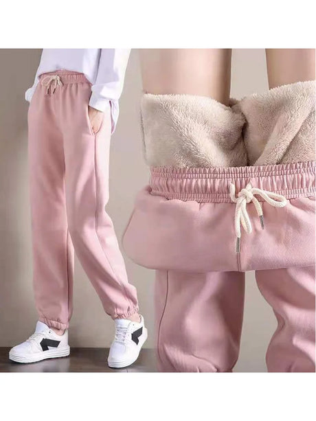 Autumn Winter Warm Solid Color Fleece Women Long Pants Casual Loose Elastic Waist Sports Pants Office Ladies Trousers Women