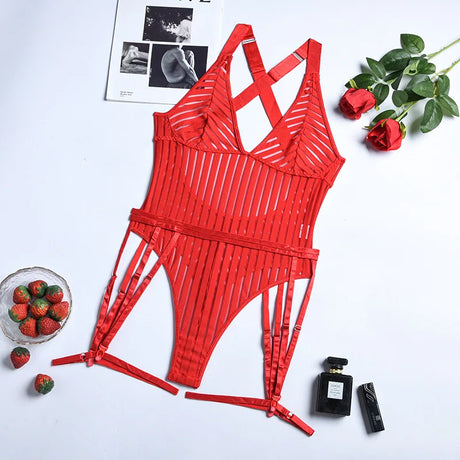 Diccvicc Women Mesh Bodysuit See Through V Neck Sexy Underwear Black Intimate Lingerie Exotic Apparel Backless Fishnet Teddies