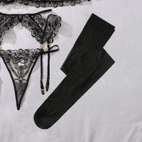 Women's Burgundy Lace Lingerie Set Underwire Bra Thong Panty Garter Straps Stockings Floral Embroidery Sexy Underwear Outfit