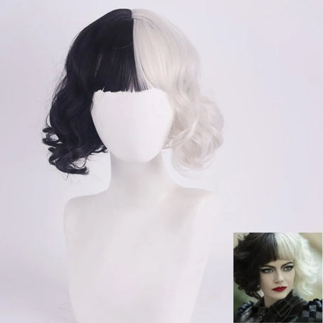 Cosplay Halloween Party Wigs CRUELLA Deville De Vil Black White With Bangs Short Bob Hair for Women Heat-Resistant Synthetic Wig