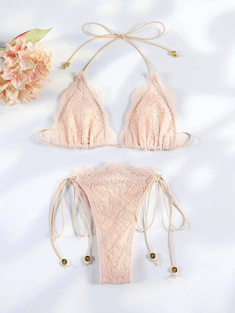 Sexy Hollow Lace Bikinis Patchwork Swimsuit Women Bathing Suits Bandage Swimwear Mujer Beachwear Triangle Bikini Set