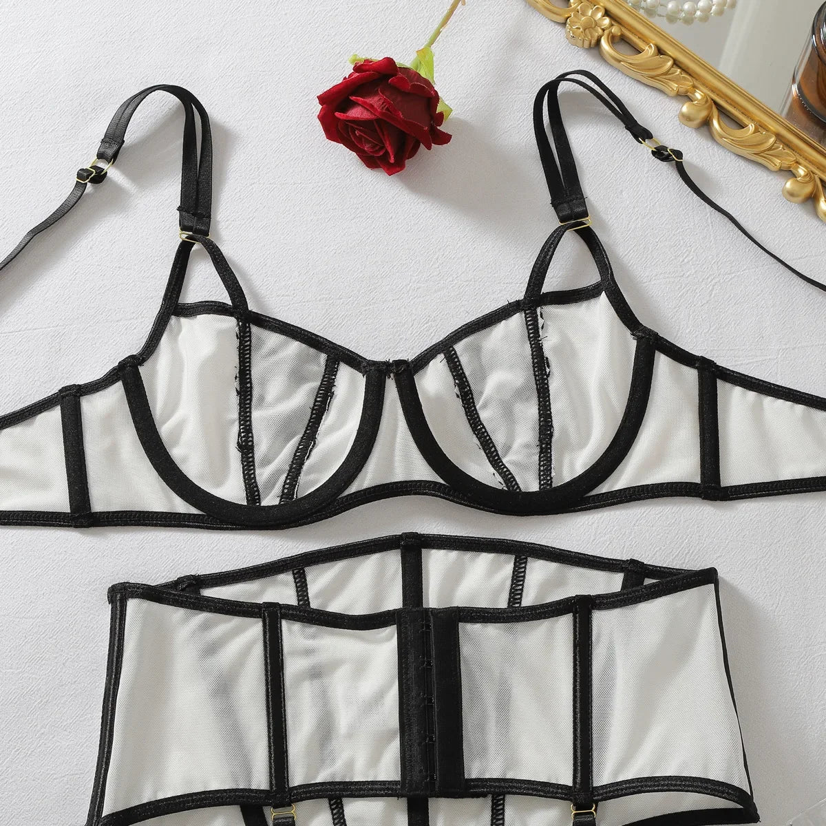 Women's Black White Contrast Strappy Lingerie Set 4PCS Underwire Bra Waist Cincher Garter Belt Thong Thigh Cuffs Sexy Intimate