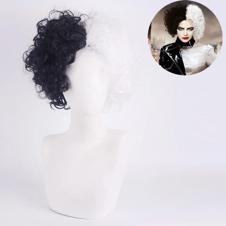 Cosplay Halloween Party Wigs CRUELLA Deville De Vil Black White With Bangs Short Bob Hair for Women Heat-Resistant Synthetic Wig
