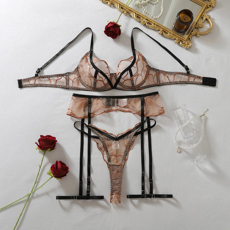 Diccvicc Sexy Bronze Embroidery Lingerie Set Sheer Mesh Contrast Black Harness Bra Garter Belt Women Elegant Intimate Underwear