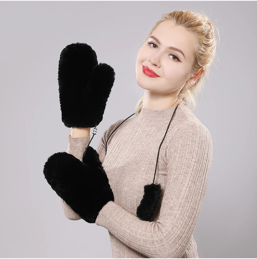 Hot Sale Women's 100% Natural Rabbit Fur Winter Gloves Warm Knit Thick Thermal Mittens Soft Real Fur Outdoor Cold Weather Glove