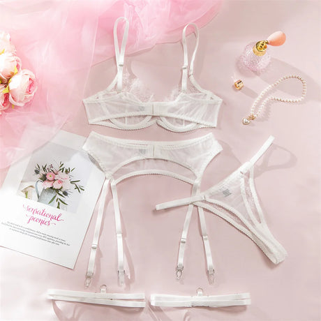 InstaBay Delicate Lace Lingerie 4 Pcs Sets Woman Mesh Patchwork See Through Bras And Thongs Garter Suits Erotic Intimate Outfit
