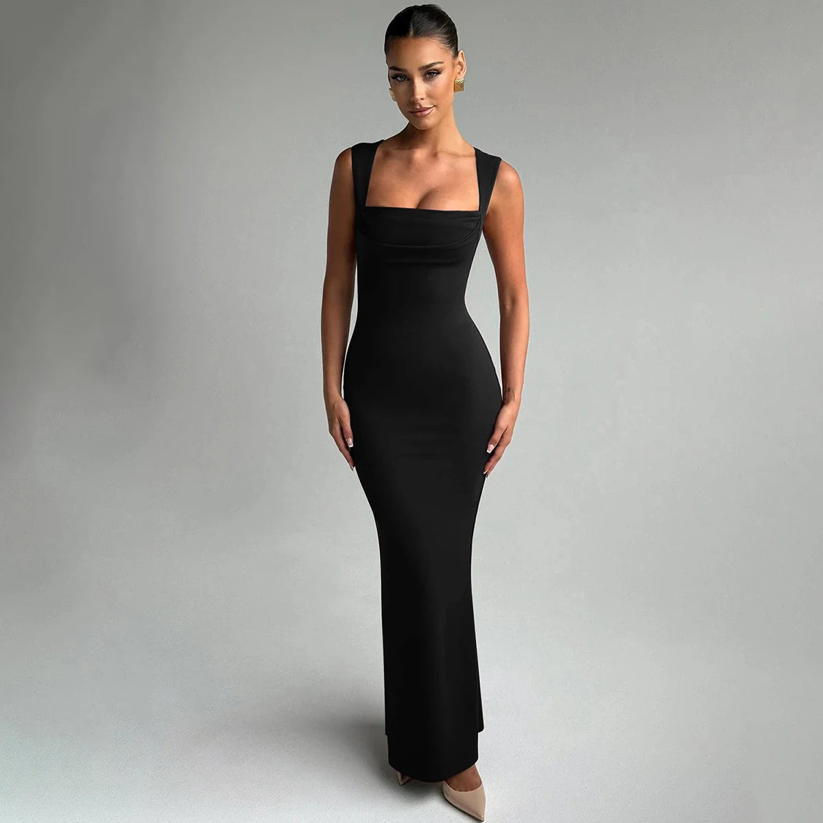 Hugcitar Women Elegant Solid Square Collar Straps Sexy Bodycon Maxi Prom Dress Summer Women Y2K Clothes Evening Party Birthday