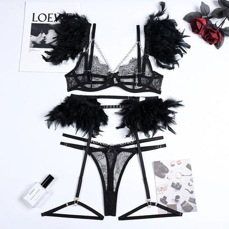 3-Piece Feather Decorated Lace Exotic Sets Women Sexy Patchwork Lingerie Set Chain Bra Panty Garter Underwear Kit For Female