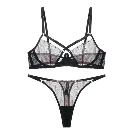 Women Sexy See Through Lace Bra Set Elegant Perspective Bikini Thong Set French Style Erotic Push Up Underwear Bra Panty Sets