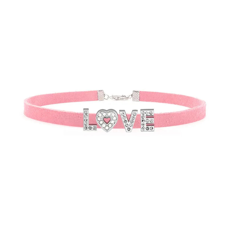 Sexy Rhinestone Letters Hotwife Collar Choker for Women Men DIY Customized Necklaces Pink Suede Leather Cosplay Jewelry Gift