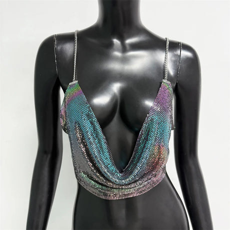 Fashion Metallic Sequins Party Tank Top Sexy Deep V Neck Backless Spaghetti Straps Sling Crop Top 2024 Rave Nightclub Camisole