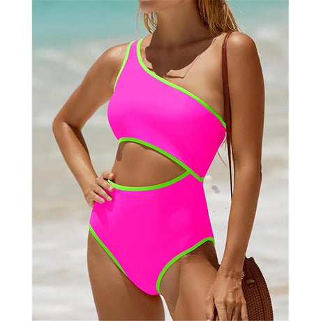 Vzvn 2026 New Women Swimwear Female Padded Bather Bathing Suit Swim Colors Cut Out One Shoulder Splicing One Piece Swimsuit