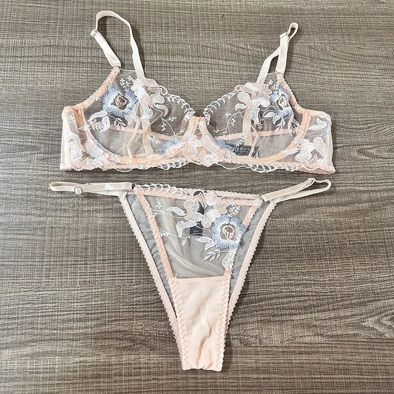 M-XL Luxury Ladies Underwear Floral Embroidery Ultrathin Transparent Lingerie Sets For Women Sexy Push Up Gather Bra Panties