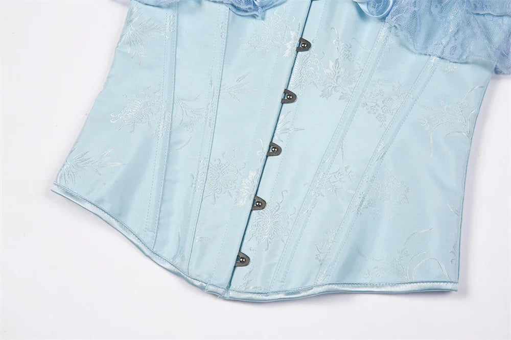 Women Sky Blue Retro Jacquard Corset Tops Lace Short Sleeved One Shoulder Sexy Slimming Shaper Overbust Bustiers Lingerie