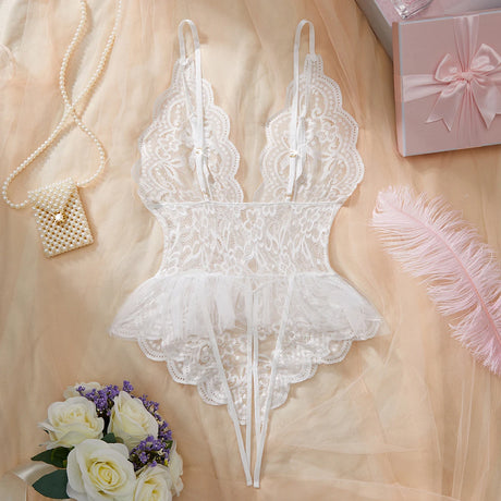 Sexy White Lace Bodysuit: Crotchless & Backless Teddy Lingerie Set, Sheer Hollow Out Party Costume for Women