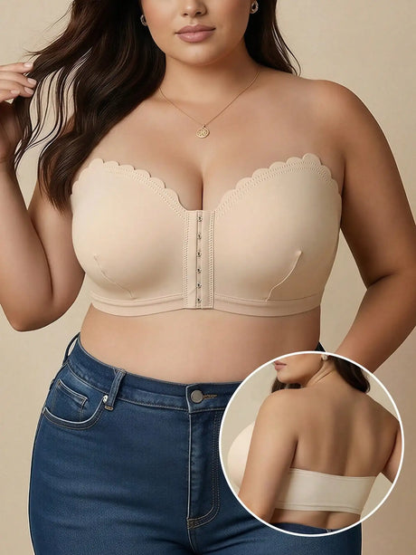 Summer Thin Black Strapless Front-Clasp Bra, Curve Large-Size Underwear, Wireless Bra Bandeau, Comfortable Single Bra Piece