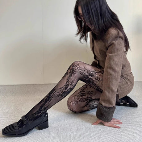 Harajuku Black White Brown Hollowed Out Lace Mesh Pantyhose Floral Rattan Bottomed Stockings Sexy Women Tights Fashion Hosiery