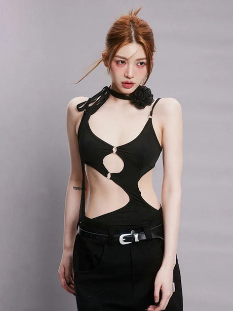 Women's Black Sleeveless V-Neck Spaghetti Strap Bodysuit Hollow out Rave Goth Outfit Back Hook Closure Punk Top