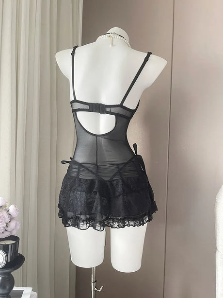 French Sexy Lace Nightdress Summer Women's Corset Gather Suspenders Pajamas with Chest Pads See Through Mesh Lace Loungewear