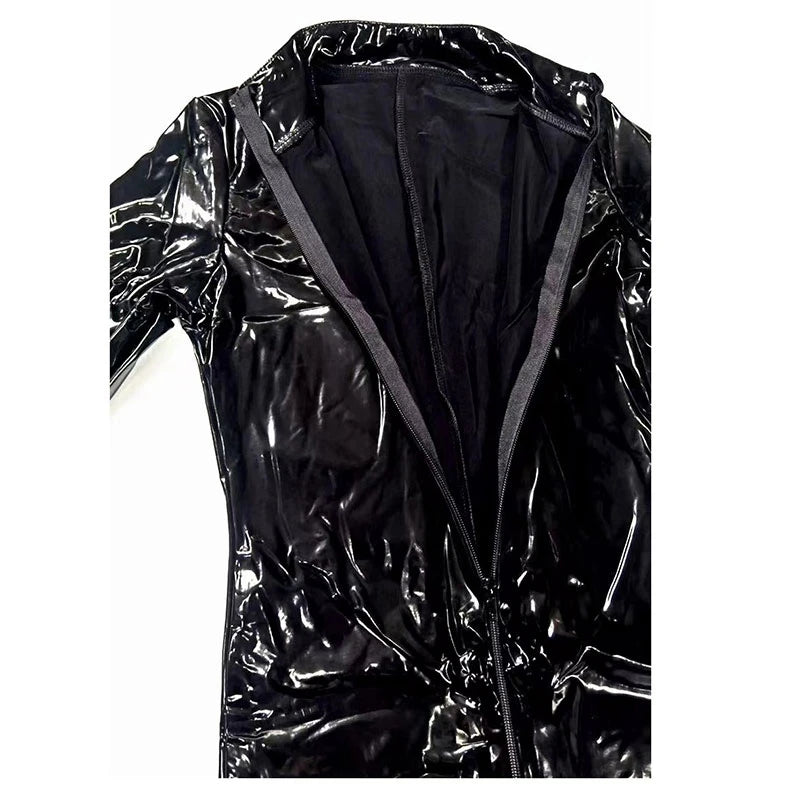 Women's Sexy Faux Latex Jumpsuit Shiny Patent Leather PVC Catsuit Bodycon High Neck Long Sleeve Zip Front Back Slim Fit Clubwear