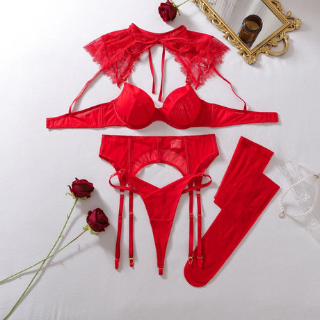 Sexy Women's Lace Lingerie 4 Piece Set Mesh Bra Cape Shawl Garter Thigh-High Stockings See-Through Erotic Vintage Intimate Set