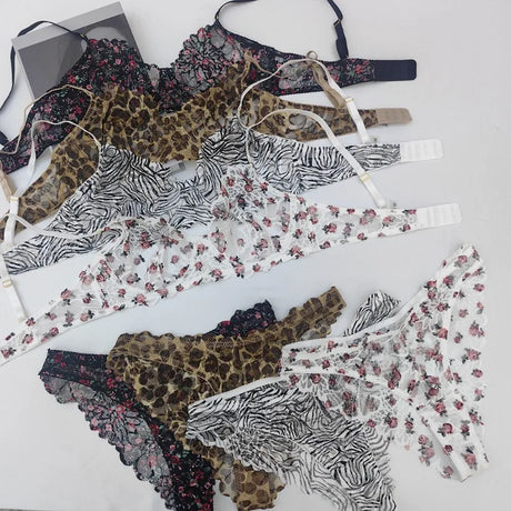 Toucheart Erotic Lingerie Women's Lace Leopard Print Body Shaping Push-up Luxurious Seductive Intimate Bra Large Size Thin Set