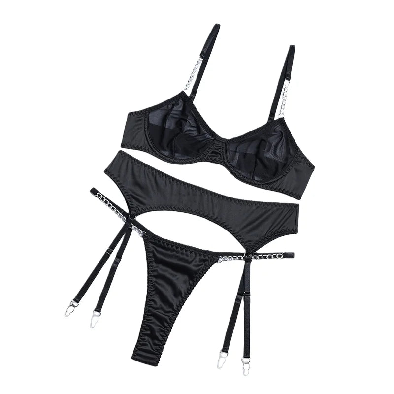 Yimunancy Transparent Bra Underwear Set Women Basic Erotic Sexy Garter Kit Chain Lingerie Set