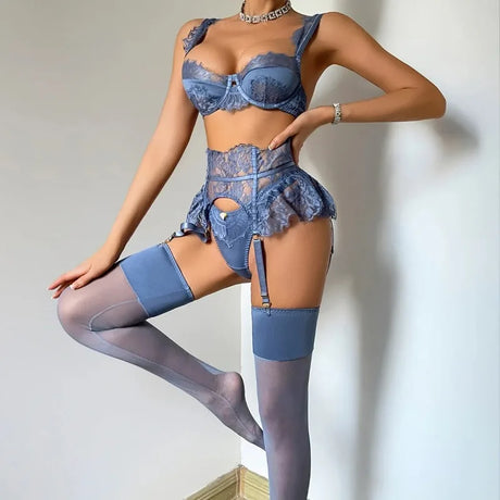 Women's Blue Lace Lingerie Set 4 Piece Bra Panty Garter Belt Stockings Underwire Adjustable Straps Sexy Romantic Nightwear 2026