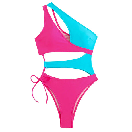 Women Sexy One Shoulder Swimwear Swim Slimming Dress Patchwork Color Block Swimsuits Push Up Bathing Suit Summer Swimsuit