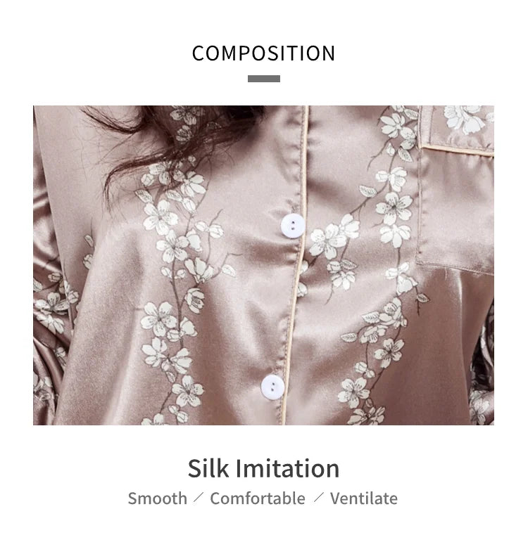 Women Satin Pajama Casual Sleepwear Home Clothes Suit Autumn Long Sleeve Button Up Top & Pants Nightwear Loungewear Pyjama Femme