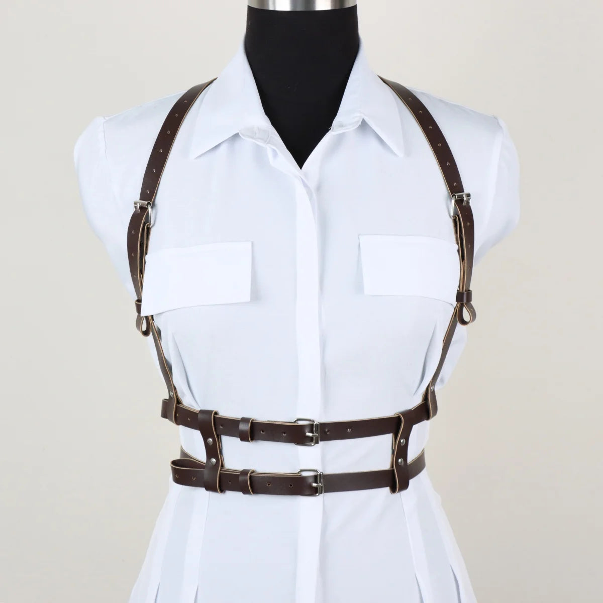 Women Faux Leather Set Steampunk Chest Harness Belt + Thigh Holster Medieval Pirate Cosplay Costume Accessories Halloween