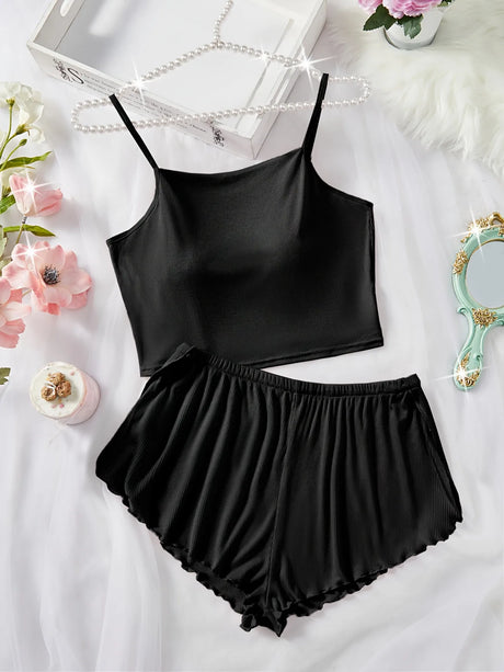 Women’s 2 Piece Solid Color Pajama Set, Square Neck Crop Cami Top and Ruffle Trim Split Shorts, Ribbed Sleepwear Loungewear