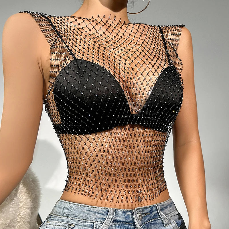 New Sexy Mesh Crop Tops for Women Summer Rhinestones Fashion Party Club See Through Fishnet Tank Hollow Out Backless Top