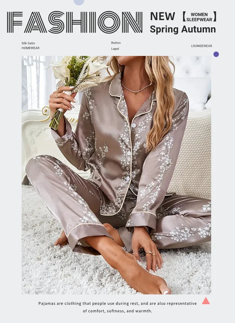 Women Satin Pajama Casual Sleepwear Home Clothes Suit Autumn Long Sleeve Button Up Top & Pants Nightwear Loungewear Pyjama Femme