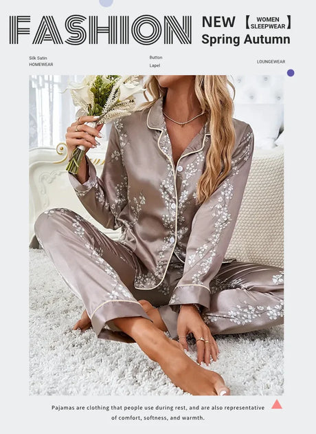 Women Satin Pajama Casual Sleepwear Home Clothes Suit Autumn Long Sleeve Button Up Top & Pants Nightwear Loungewear Pyjama Femme