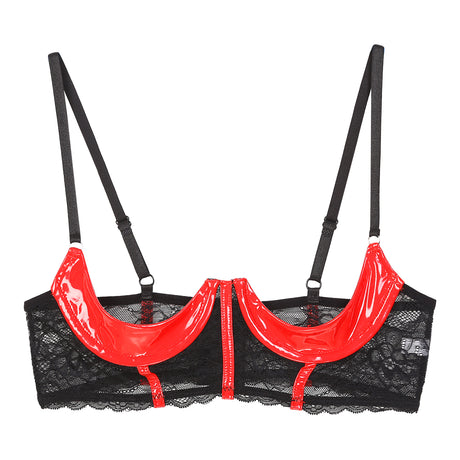 Womens Sexy Open Cup Underwired Bra Patent Leather See-through Floral Lace Brassiere Exposed Nipple Lingerie Underwear Nightwear