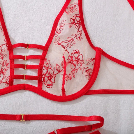 Women's Red Floral Embroidered Lingerie Set 4 Piece Underwire Bra Garter Belt Panty Stockings Sexy Nightwear Set Elegant Trendy