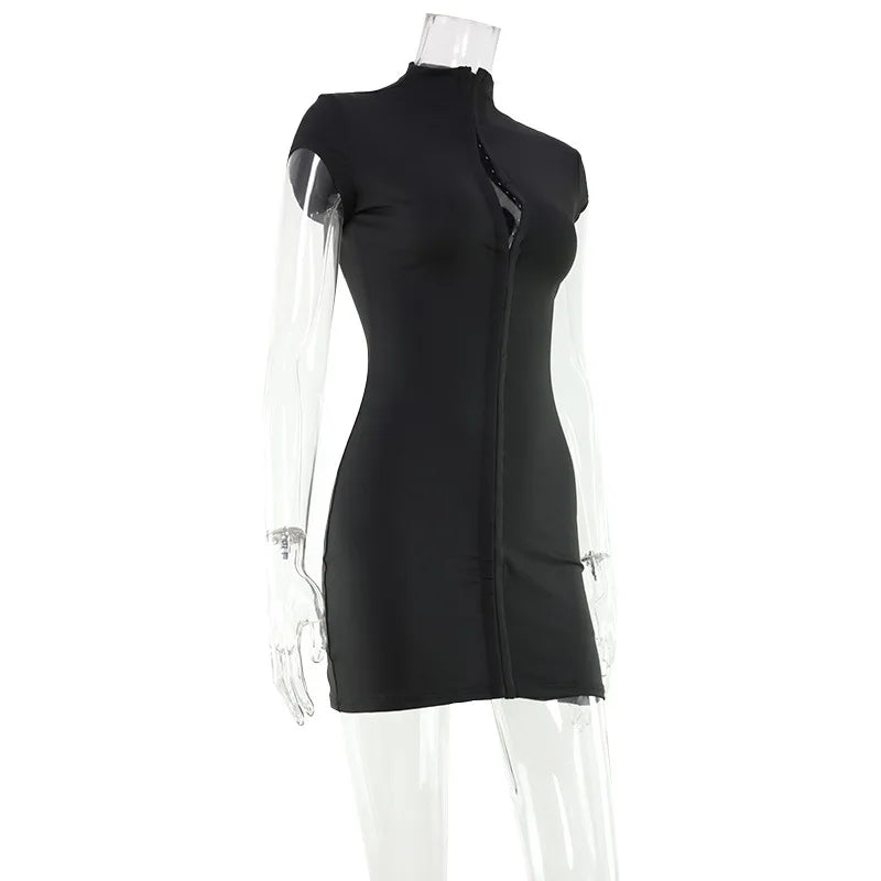 Sexy Black Hollow Out Mini Dress Fashion Women's Turtleneck Short Sleeve High Waist Slim Dresses Lady Evening Club Fashion Robes