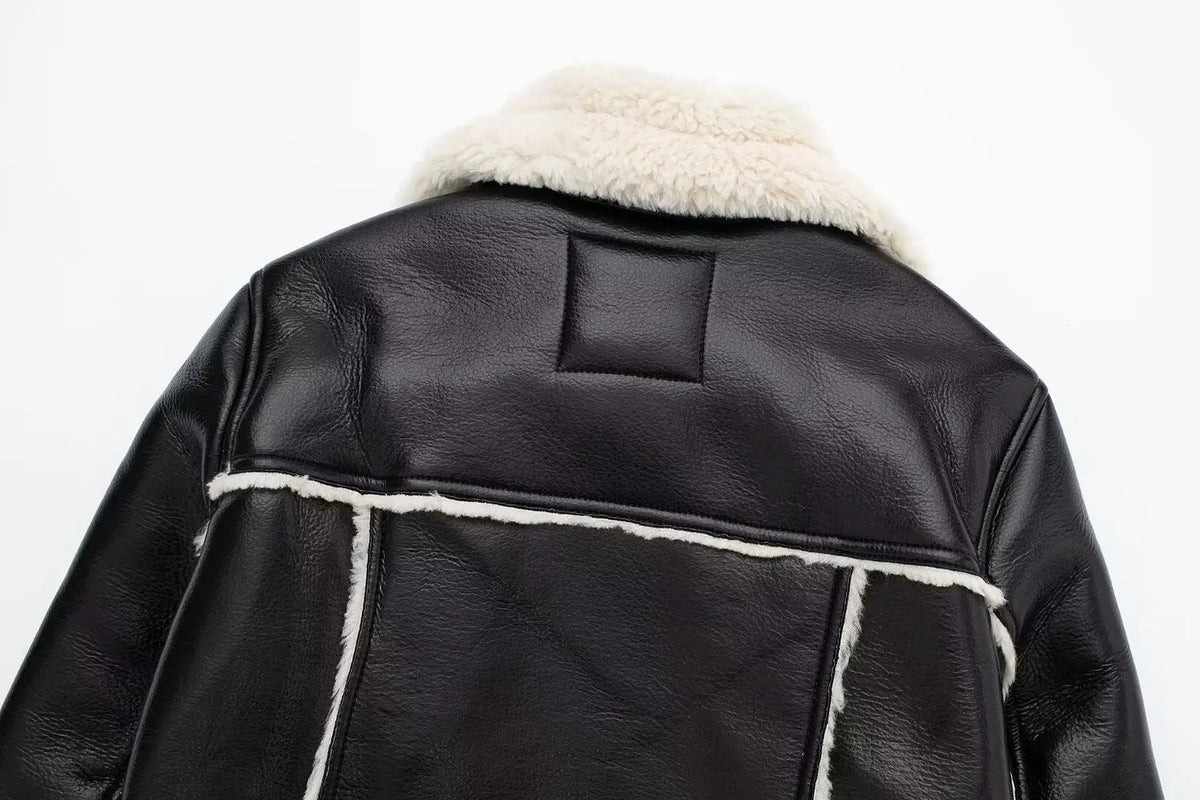 HH Women Faux Leather Thicken Short Jacket Vintage Front Zipper Lapel Long Sleeve Coat Winter Women Warm Casual Outerwear