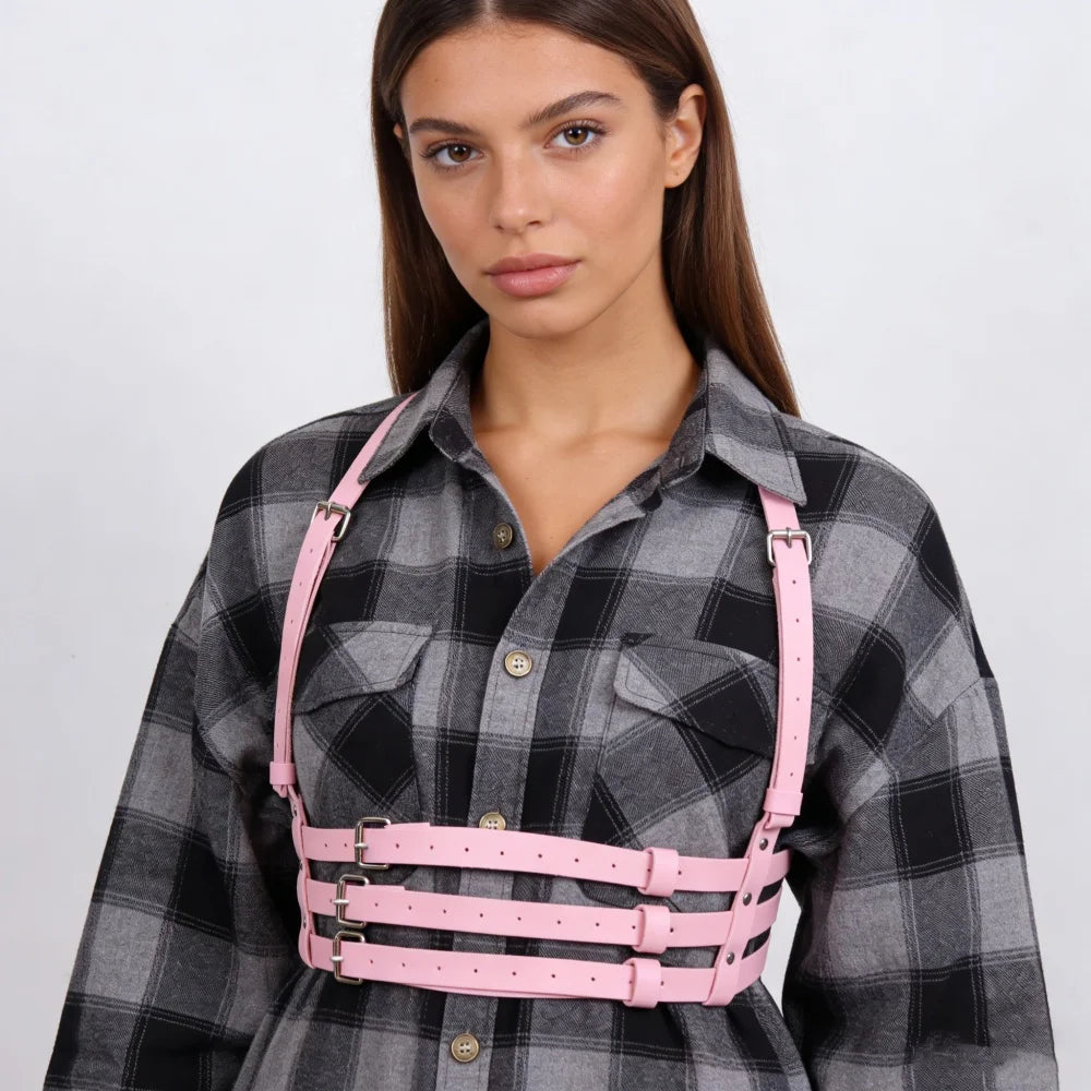 Women's Edgy Pink Faux Leather Harness Belt - Metal O-Ring Decor - Minimalist Fashion Waist Accessory for Stylish Outfits
