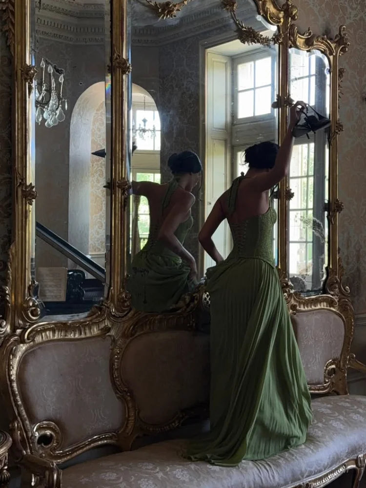Elegant Women's Halter Long Dress Corset Pleated Dresses Evening Party Formal Wedding Guest Green Graduation Bridesmaid Gown New