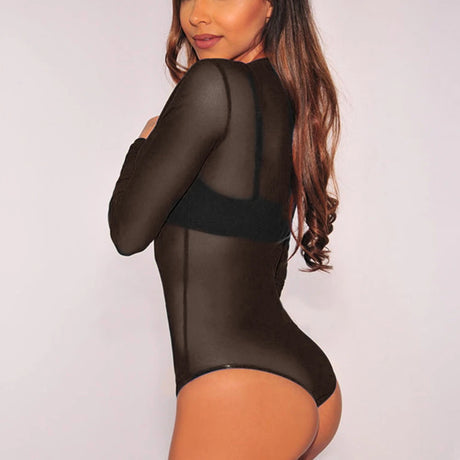 Sexy Women T Shirt See Through Mesh Black Long Sleeve Bodysuit Sheer Slim Turtleneck Tulle Crop Top T-Shirt Transparent Clubwear
