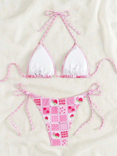 Swimsuit 2026 Female Micro Bikini Women Swimwear Summer Beachwear Women's Bathing Suit Floral Print Neck Halter Thong Bikini Set