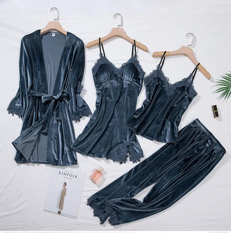 TOP Casual Velour Home Clothing 4pcs Sleep Set Intimate Lingerie Women Pajamas Suit Long Sleeve Lace Velvet Homewear Pyjamas Set