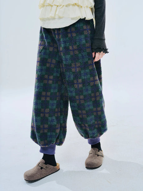 Green Plaid Lamb Wool Lantern Pants Female clothing women's pants and trousers Elastic Waist Loose Baggy Trousers for woman