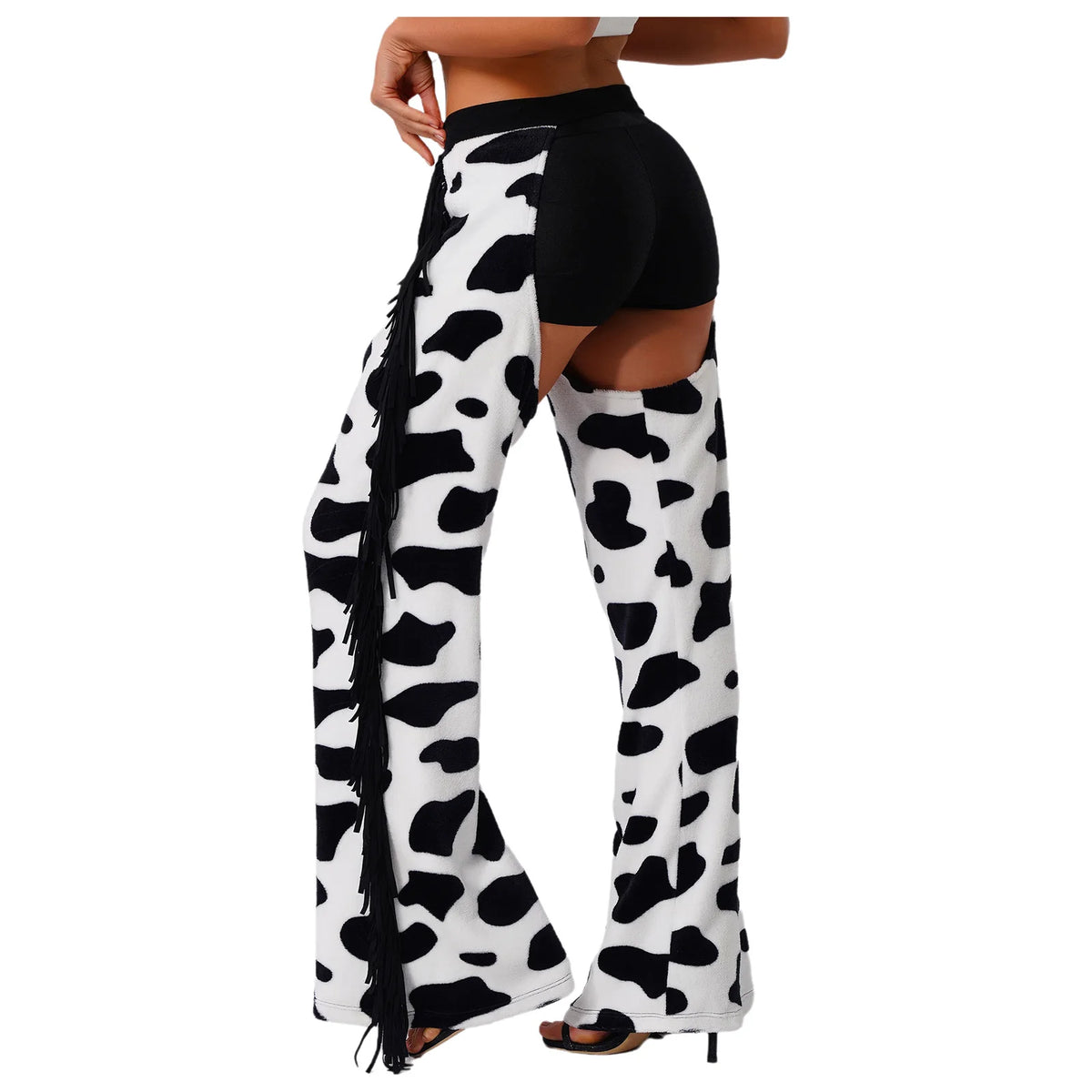 Womens Cow Spot Pattern Flannel Long Pants Adjustable Waist Open Crotch Biking Riding Cowgirl Chaps Halloween Cospaly Costume