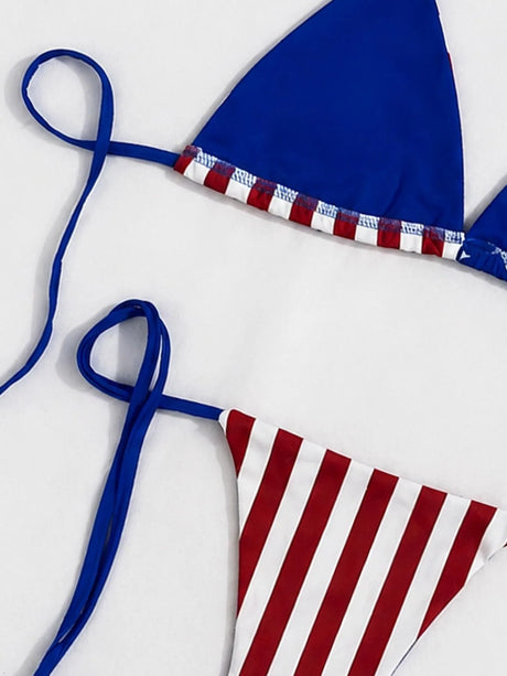 Women American Flag Print Triangle Bikini Set Halter Self Tie Top Side String Thong Bottom 4th of July Patriotic Beach Swimsuits