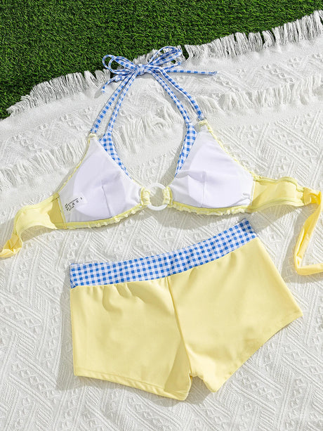 Women Floral Textured Bikini Set Gingham Contrast O-Ring Triangle Top High Waist Boy Short 2 Piece Swimsuit Bathing Suits