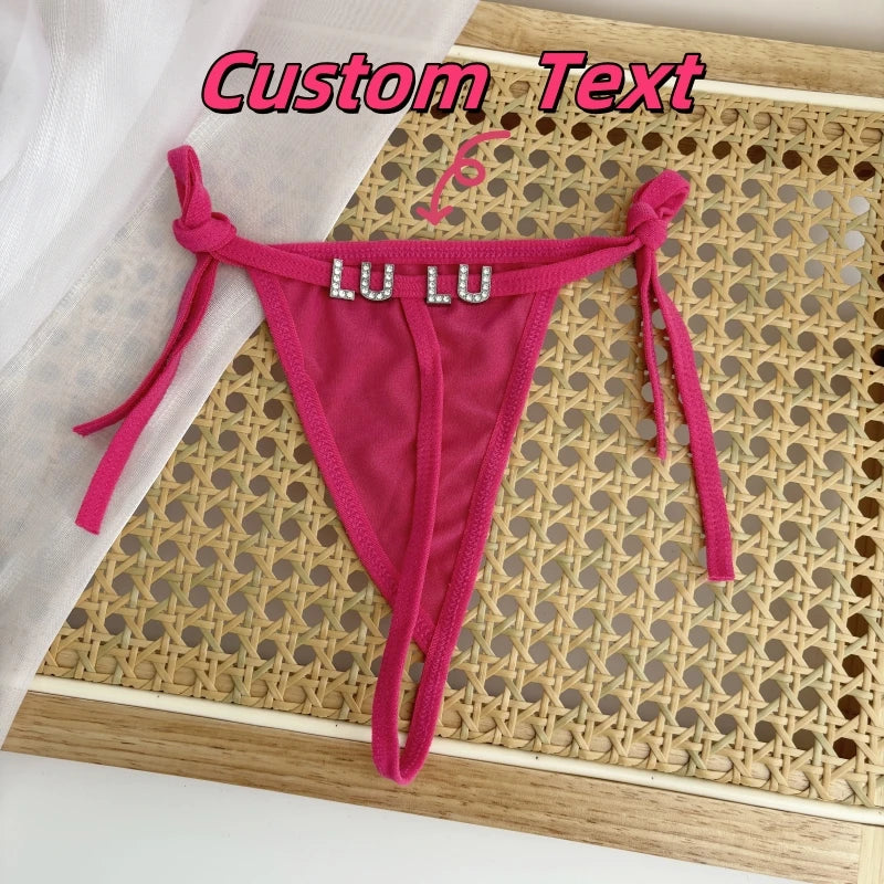 Personalized Custom Rhinestone Letter Name Low Waist Strap Thong G-String Tanga Underwear Bikini Wife Girlfriend Custom Gift